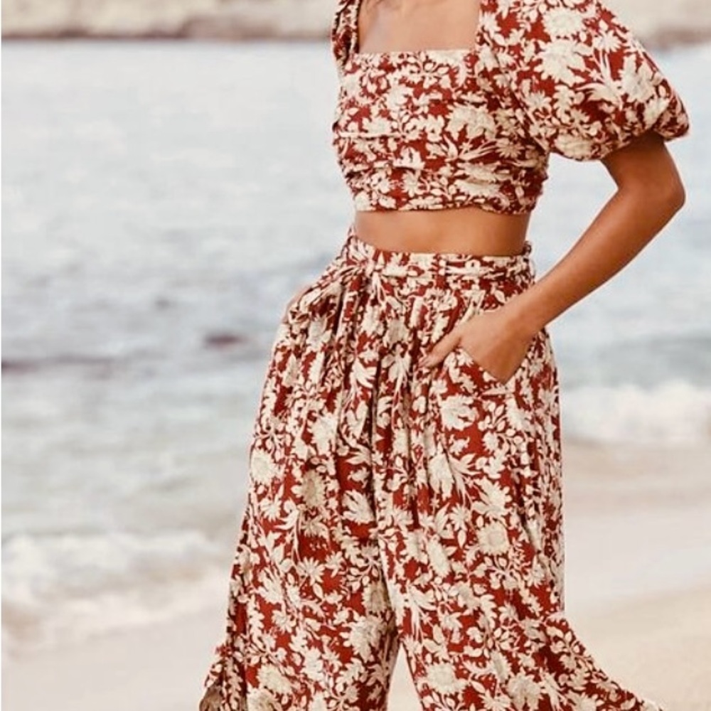Free People Red and Cream Floral Wide Leg Two Piece Set